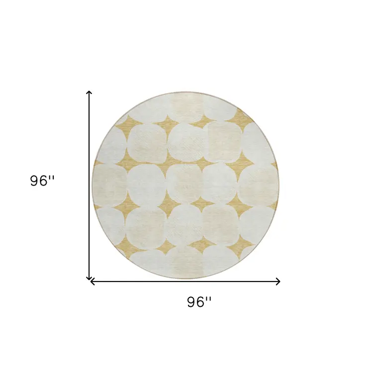 8' Gold And Beige Round Abstract Washable Indoor Outdoor Area Rug