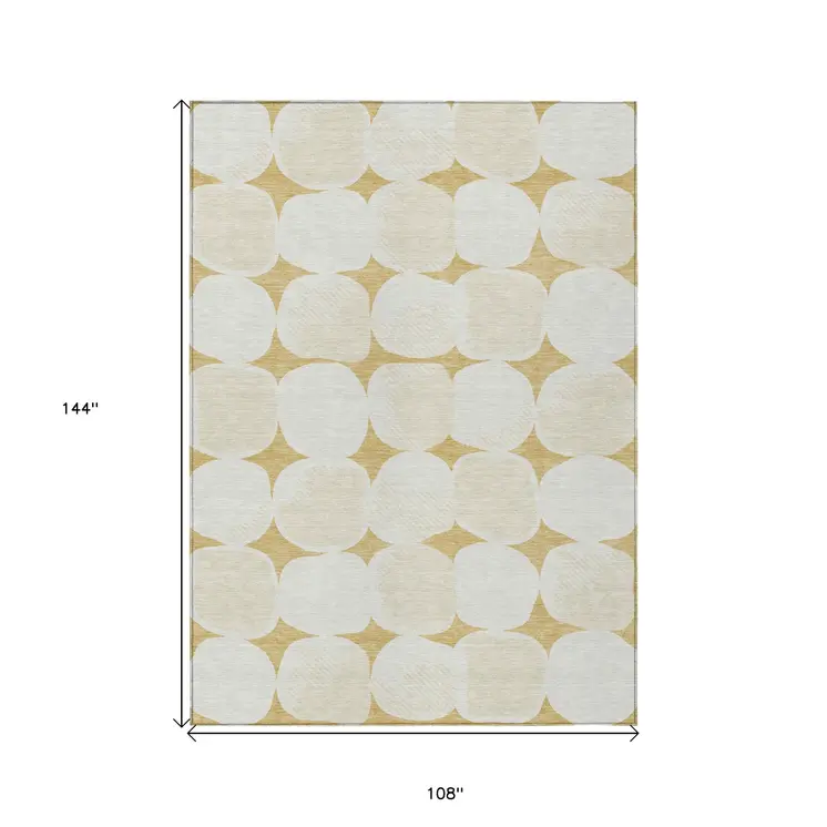 9' X 12' Gold And Beige Abstract Washable Indoor Outdoor Area Rug