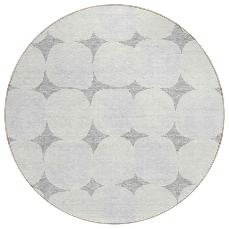 8' Gray And Beige Round Abstract Washable Indoor Outdoor Area Rug