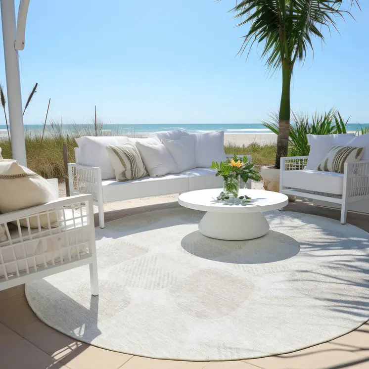 8' Ivory And Beige Round Abstract Washable Indoor Outdoor Area Rug