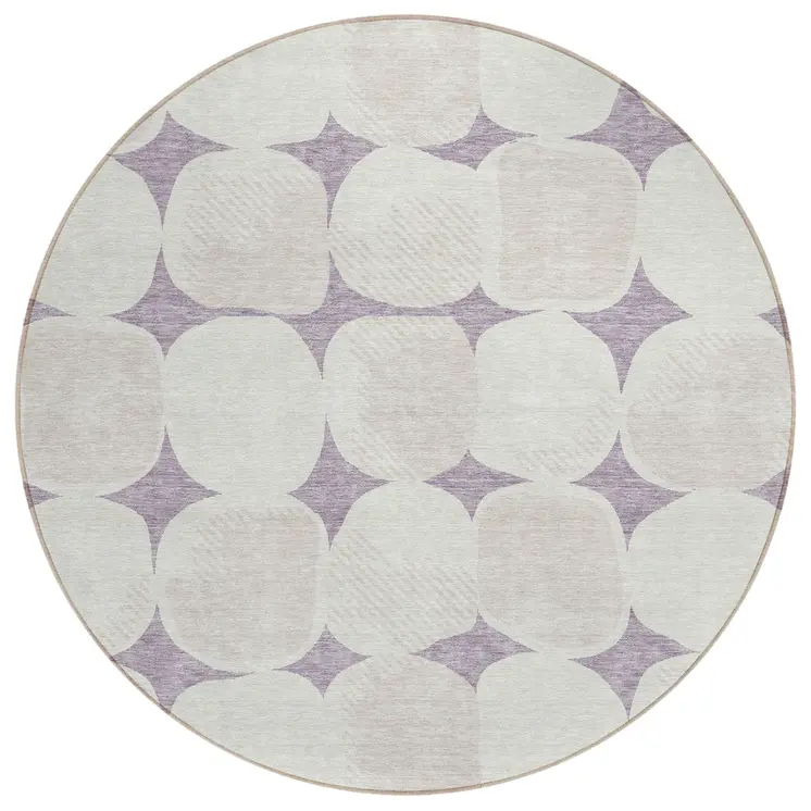 8' Lavender Beige And Ivory Round Abstract Washable Indoor Outdoor Area Rug