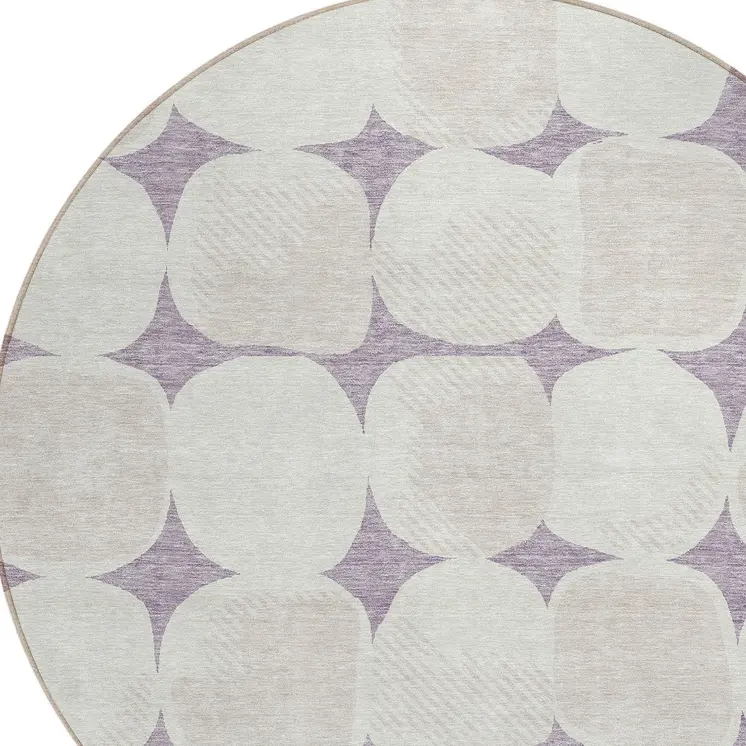 8' Lavender Beige And Ivory Round Abstract Washable Indoor Outdoor Area Rug
