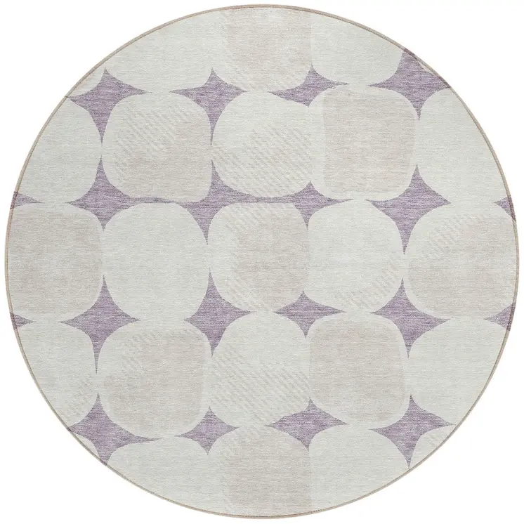 8' Lavender Beige And Ivory Round Abstract Washable Indoor Outdoor Area Rug