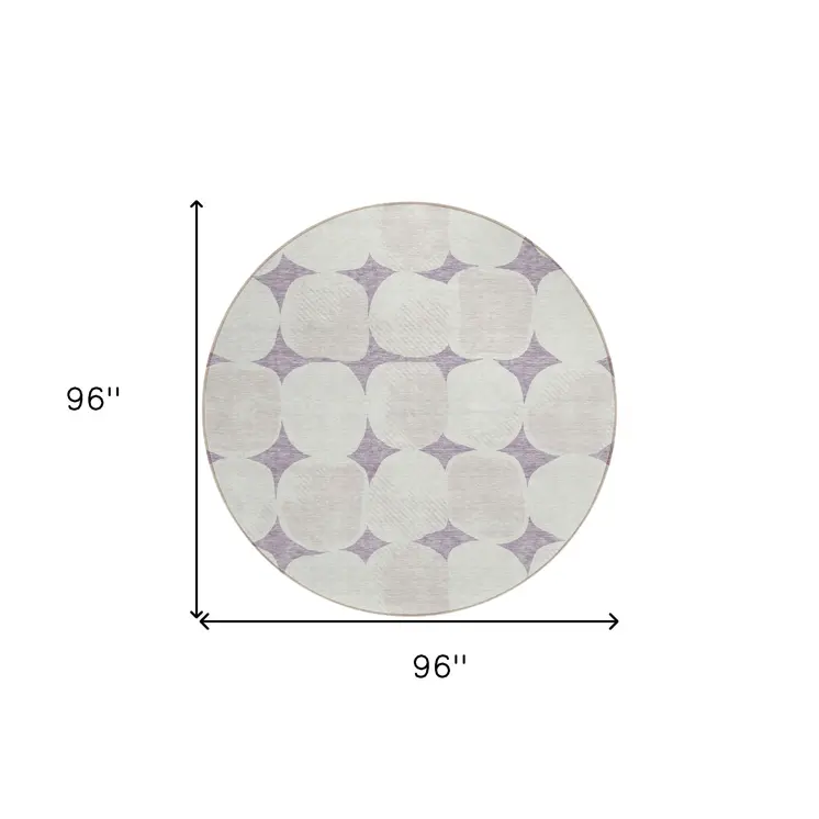 8' Lavender Beige And Ivory Round Abstract Washable Indoor Outdoor Area Rug