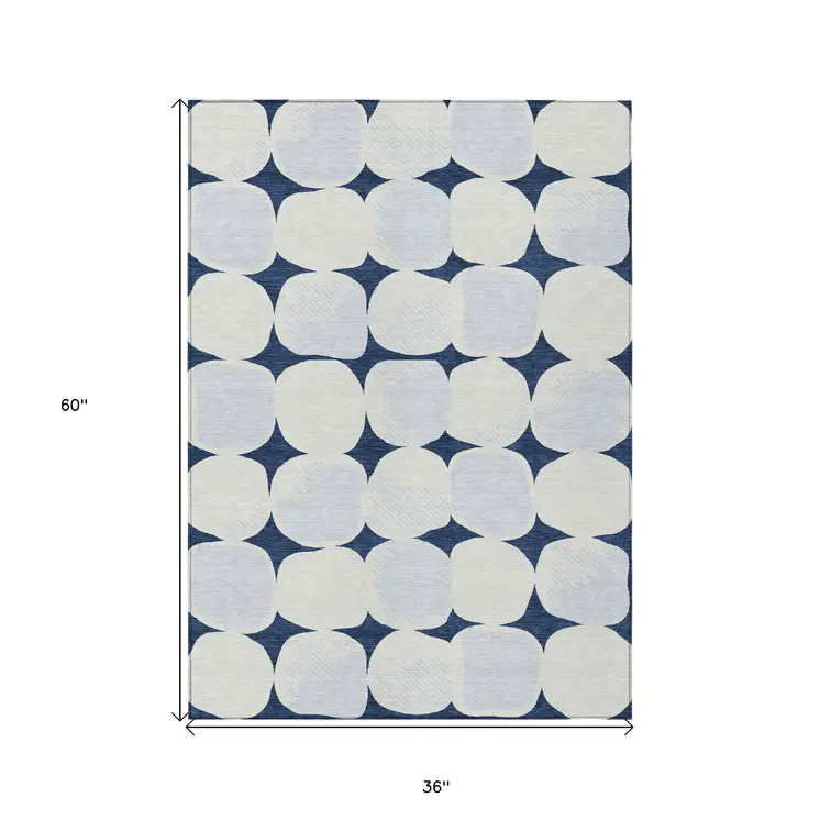 3' X 5' Navy Blue Gray And Ivory Abstract Washable Indoor Outdoor Area Rug