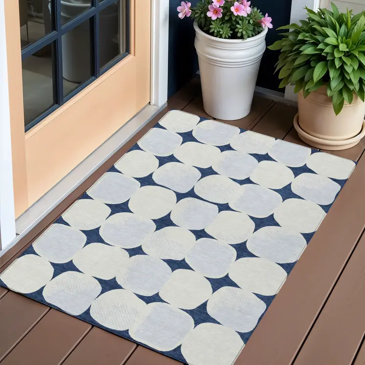 3' X 5' Navy Blue Gray And Ivory Abstract Washable Indoor Outdoor Area Rug