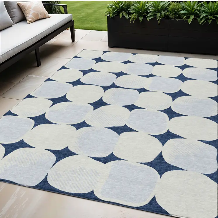 5' X 8' Navy Blue Gray And Ivory Abstract Washable Indoor Outdoor Area Rug