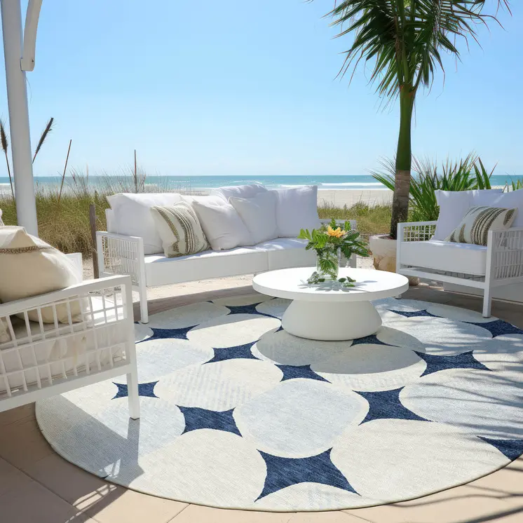 8' Navy Blue Gray And Ivory Round Abstract Washable Indoor Outdoor Area Rug