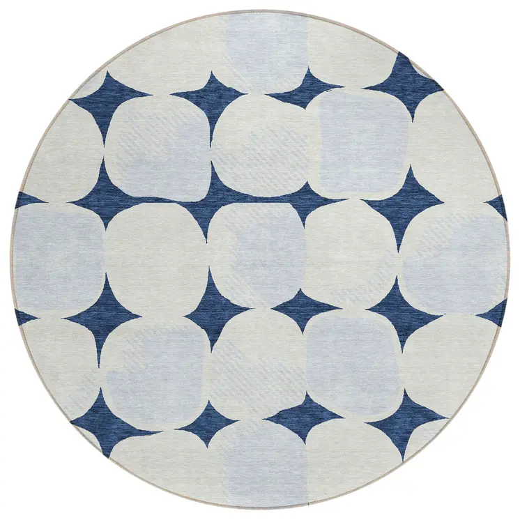 8' Navy Blue Gray And Ivory Round Abstract Washable Indoor Outdoor Area Rug