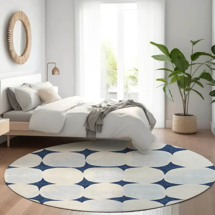 8' Navy Blue Gray And Ivory Round Abstract Washable Indoor Outdoor Area Rug