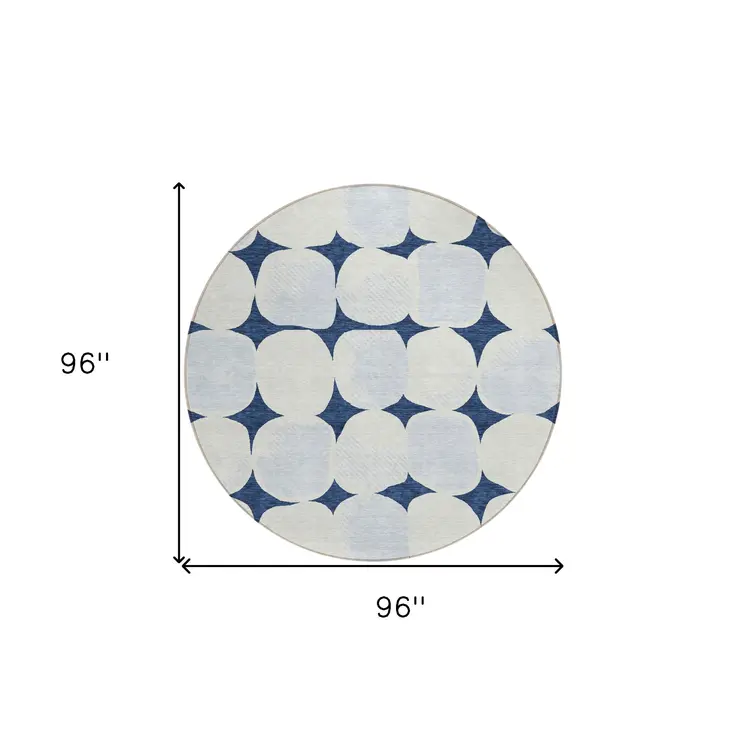 8' Navy Blue Gray And Ivory Round Abstract Washable Indoor Outdoor Area Rug