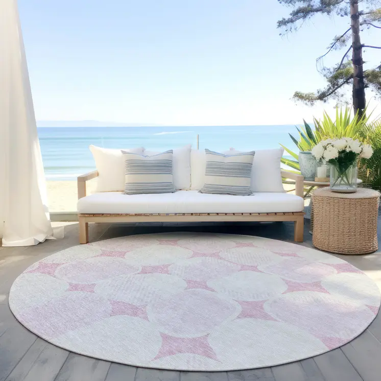 8' Pink And Ivory Round Abstract Washable Indoor Outdoor Area Rug