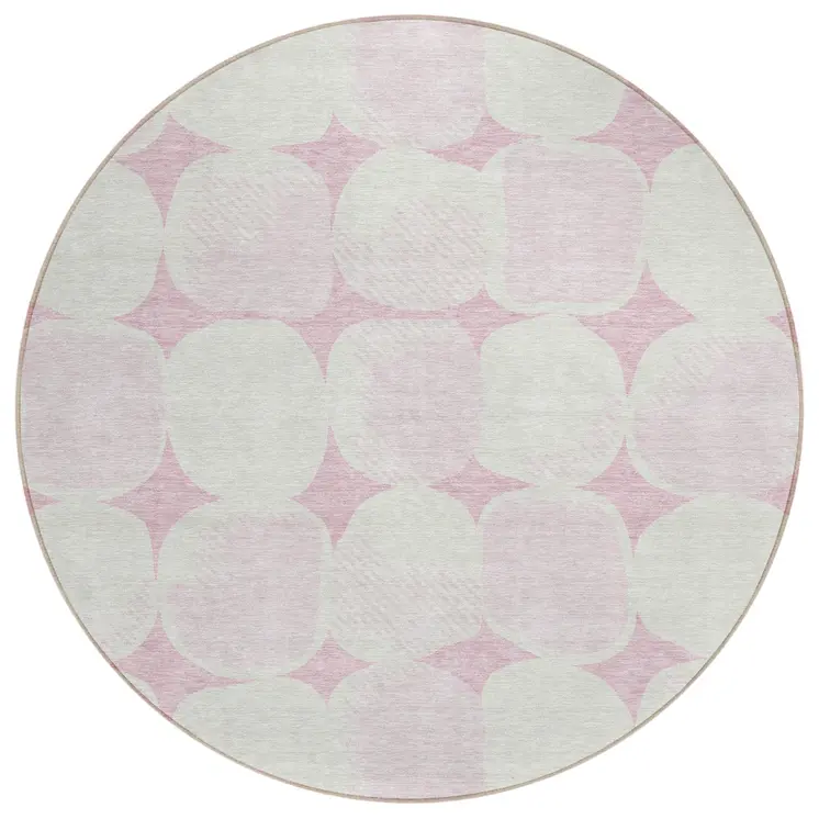 8' Pink And Ivory Round Abstract Washable Indoor Outdoor Area Rug