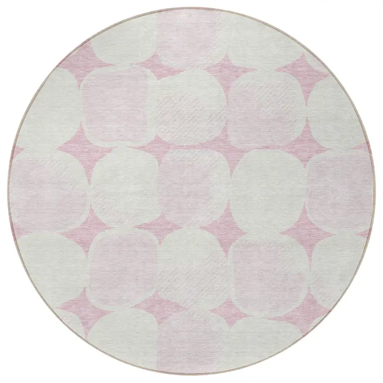 8' Pink And Ivory Round Abstract Washable Indoor Outdoor Area Rug