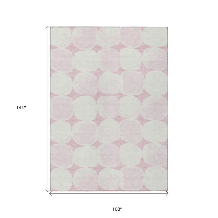 9' X 12' Pink And Ivory Abstract Washable Indoor Outdoor Area Rug