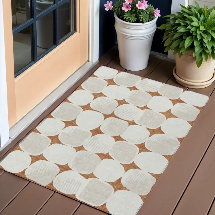 3' X 5' Brown And Ivory Abstract Washable Indoor Outdoor Area Rug