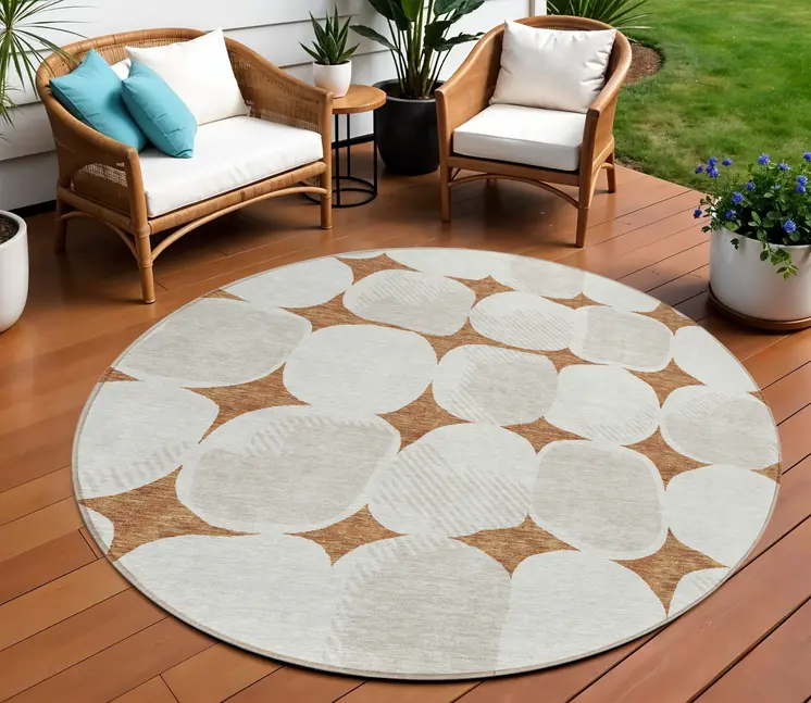 8' Brown And Ivory Round Abstract Washable Indoor Outdoor Area Rug