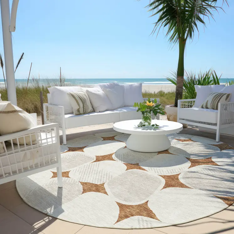 8' Brown And Ivory Round Abstract Washable Indoor Outdoor Area Rug