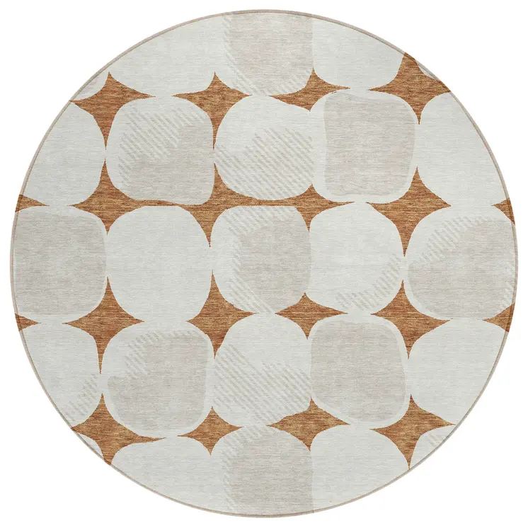 8' Brown And Ivory Round Abstract Washable Indoor Outdoor Area Rug