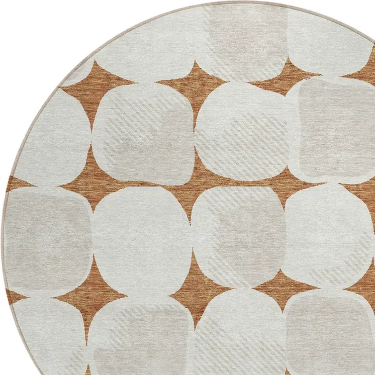 8' Brown And Ivory Round Abstract Washable Indoor Outdoor Area Rug