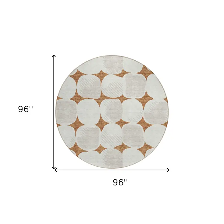 8' Brown And Ivory Round Abstract Washable Indoor Outdoor Area Rug