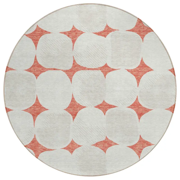 8' Salmon Beige And Ivory Round Abstract Washable Indoor Outdoor Area Rug