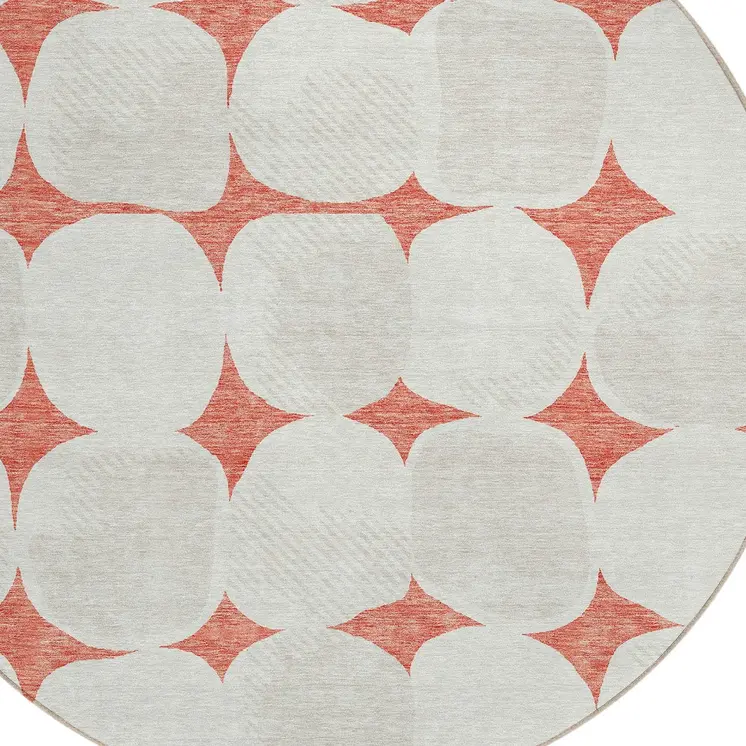 8' Salmon Beige And Ivory Round Abstract Washable Indoor Outdoor Area Rug