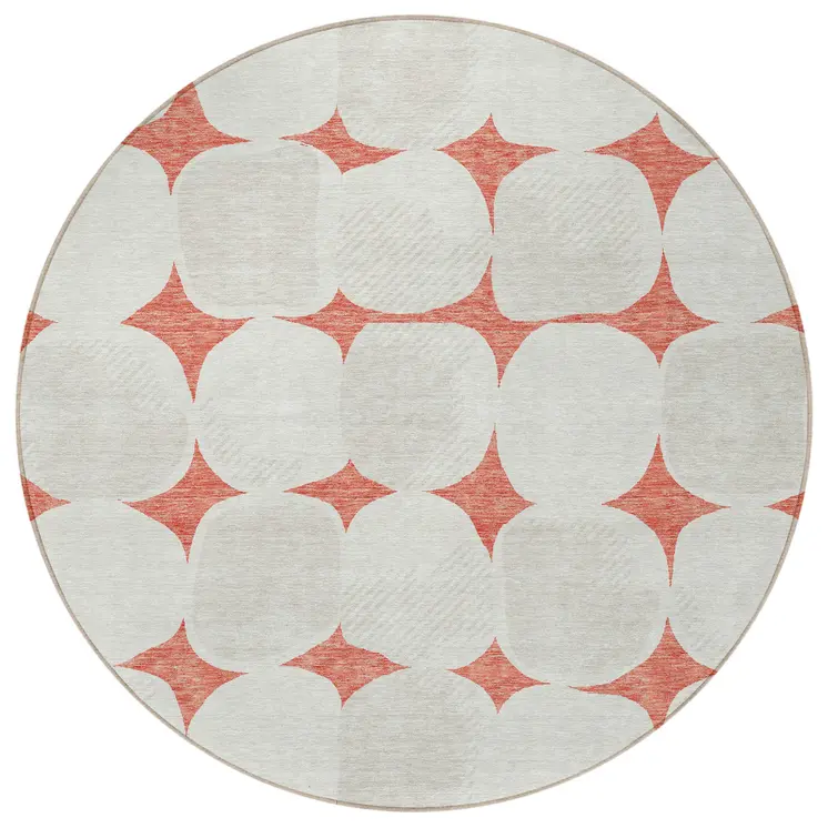 8' Salmon Beige And Ivory Round Abstract Washable Indoor Outdoor Area Rug