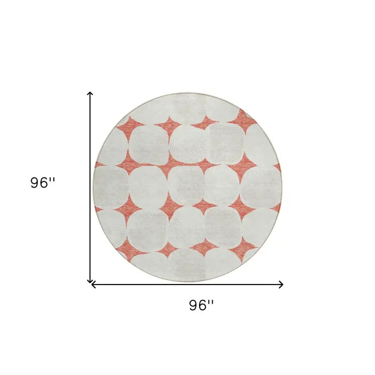 8' Salmon Beige And Ivory Round Abstract Washable Indoor Outdoor Area Rug