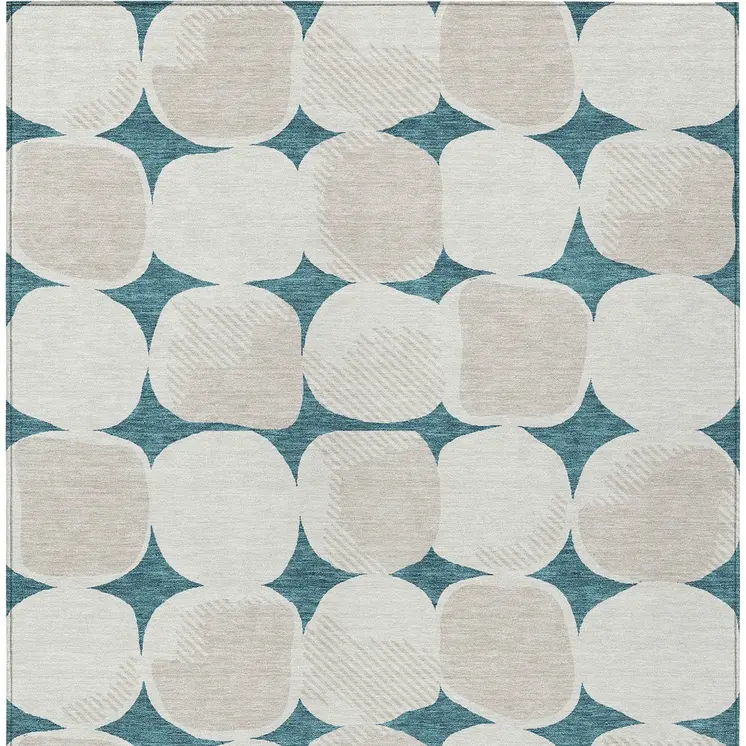 3' X 5' Teal Blue Beige And Ivory Abstract Washable Indoor Outdoor Area Rug