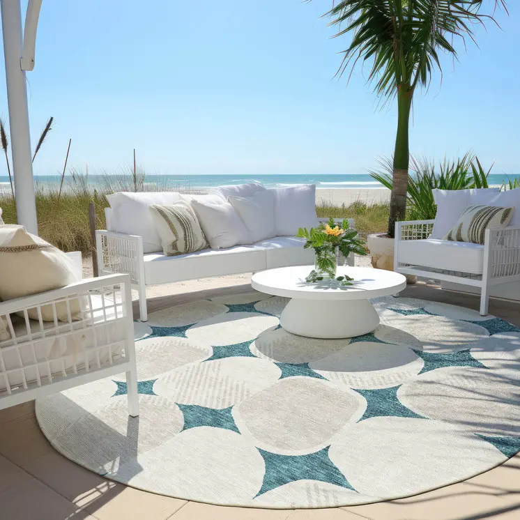 8' Teal Blue Beige And Ivory Round Abstract Washable Indoor Outdoor Area Rug