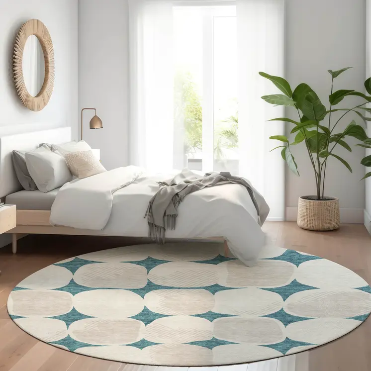 8' Teal Blue Beige And Ivory Round Abstract Washable Indoor Outdoor Area Rug