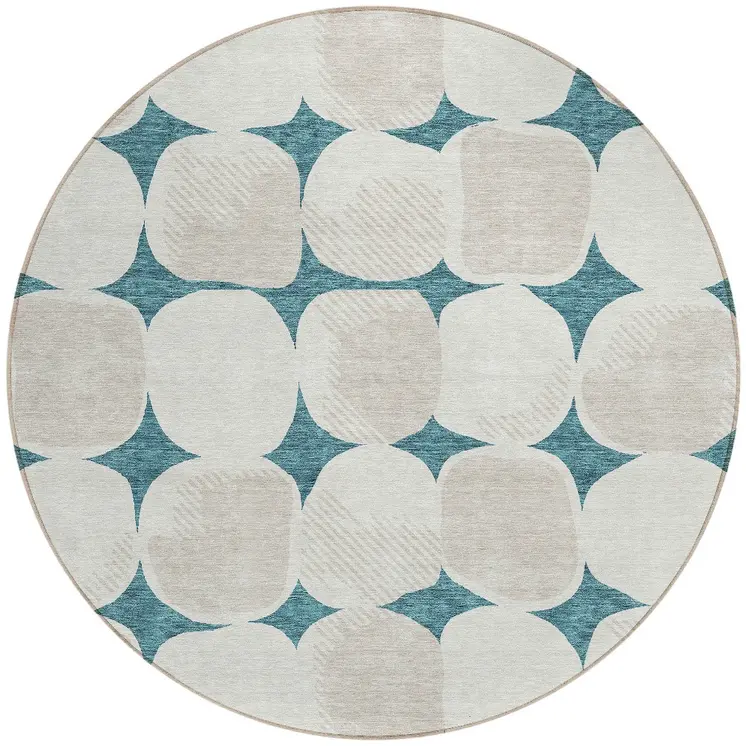 8' Teal Blue Beige And Ivory Round Abstract Washable Indoor Outdoor Area Rug