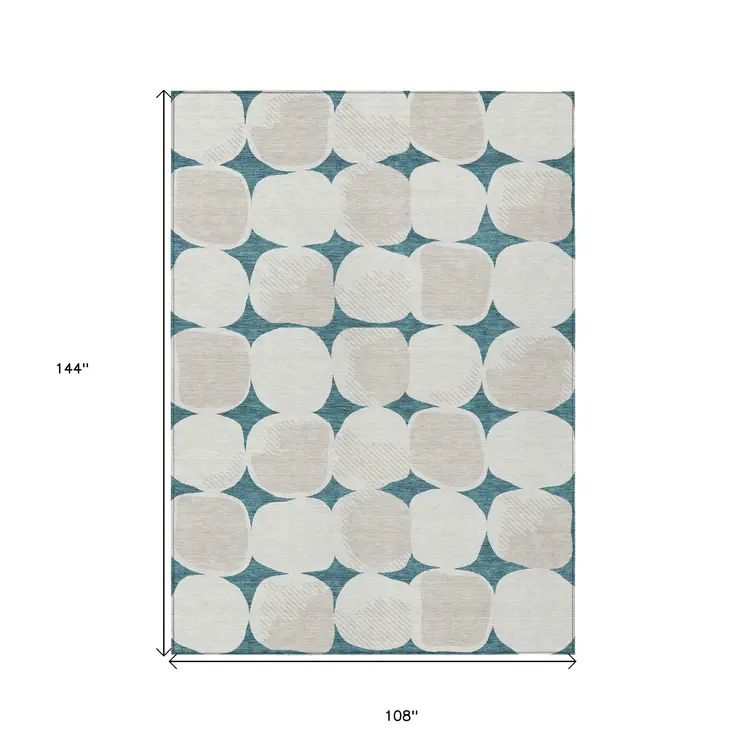 9' X 12' Teal Blue Beige And Ivory Abstract Washable Indoor Outdoor Area Rug