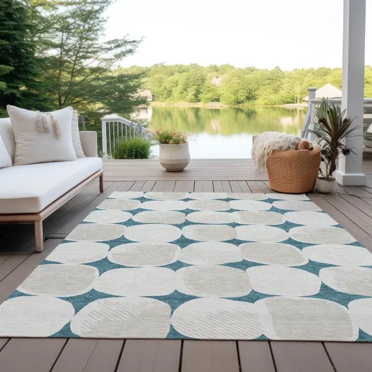 9' X 12' Teal Blue Beige And Ivory Abstract Washable Indoor Outdoor Area Rug