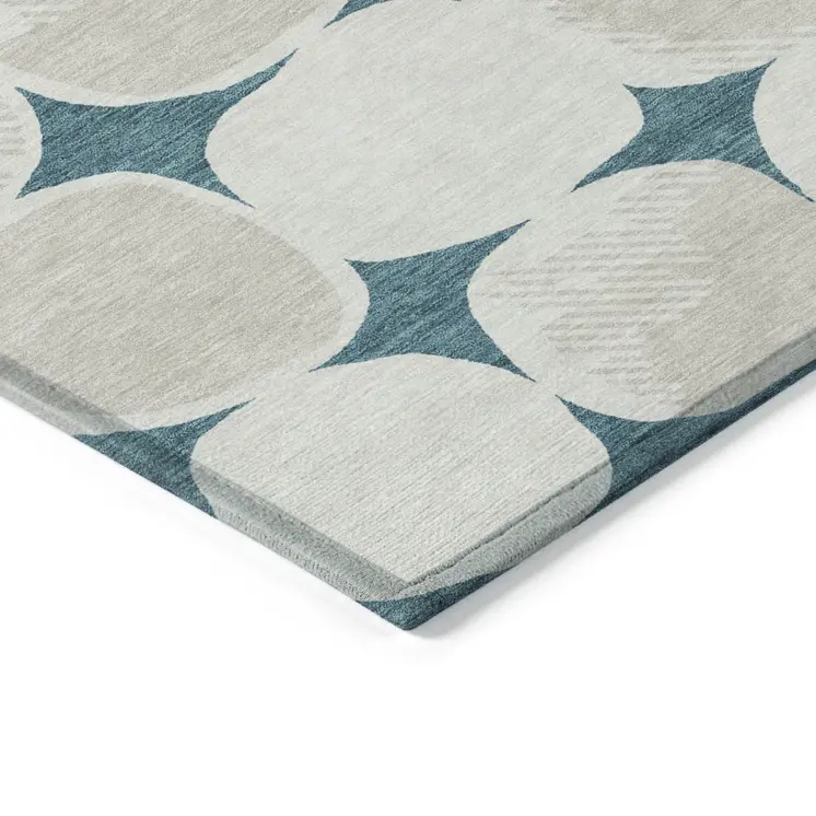 9' X 12' Teal Blue Beige And Ivory Abstract Washable Indoor Outdoor Area Rug