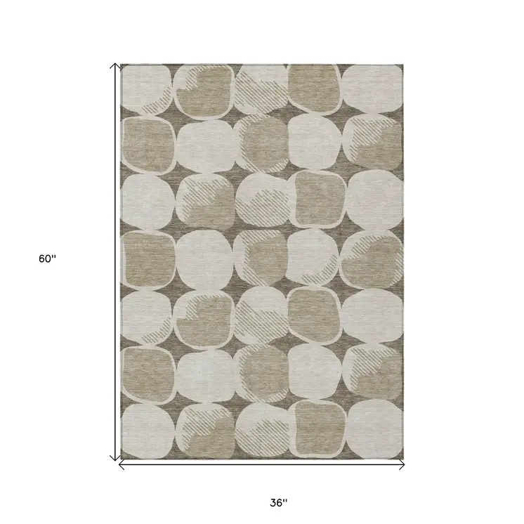 3' X 5' Taupe Beige And Gray Abstract Washable Indoor Outdoor Area Rug