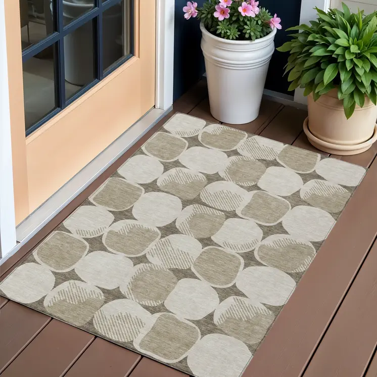 3' X 5' Taupe Beige And Gray Abstract Washable Indoor Outdoor Area Rug