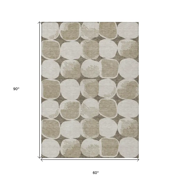 5' X 8' Taupe Beige And Gray Abstract Washable Indoor Outdoor Area Rug
