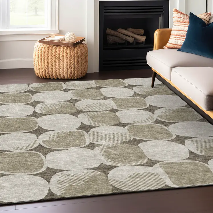5' X 8' Taupe Beige And Gray Abstract Washable Indoor Outdoor Area Rug