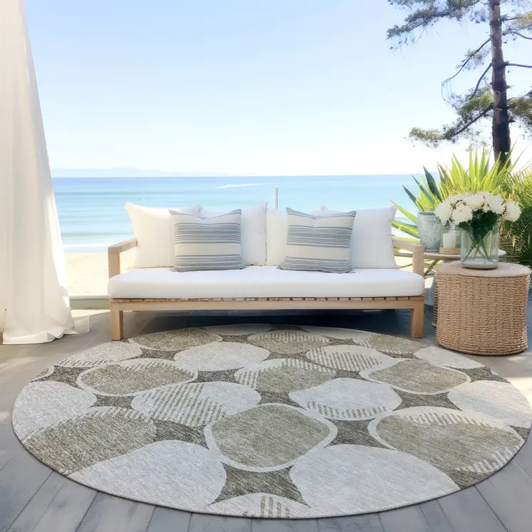 8' Taupe Beige And Gray Round Abstract Washable Indoor Outdoor Area Rug