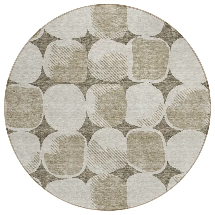 8' Taupe Beige And Gray Round Abstract Washable Indoor Outdoor Area Rug