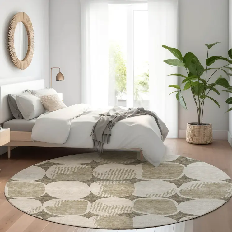 8' Taupe Beige And Gray Round Abstract Washable Indoor Outdoor Area Rug