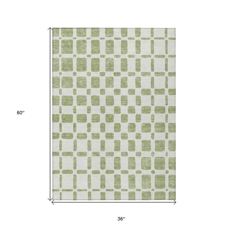 3' X 5' Artichoke Green And Ivory Geometric Washable Indoor Outdoor Area Rug