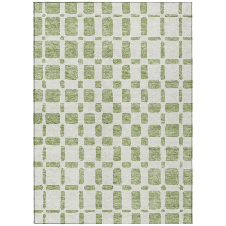 3' X 5' Artichoke Green And Ivory Geometric Washable Indoor Outdoor Area Rug