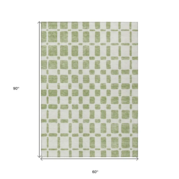 5' X 8' Artichoke Green And Ivory Geometric Washable Indoor Outdoor Area Rug