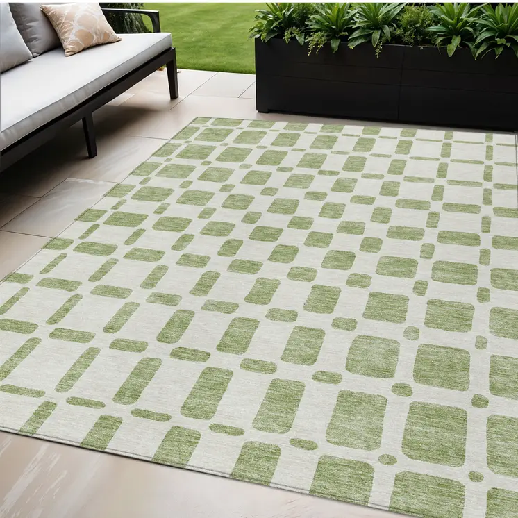 5' X 8' Artichoke Green And Ivory Geometric Washable Indoor Outdoor Area Rug
