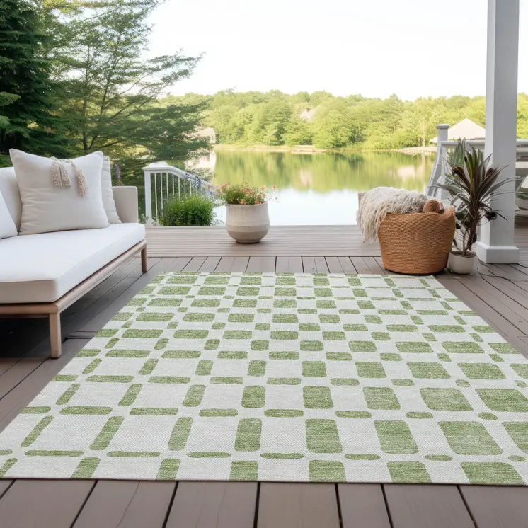 5' X 8' Artichoke Green And Ivory Geometric Washable Indoor Outdoor Area Rug
