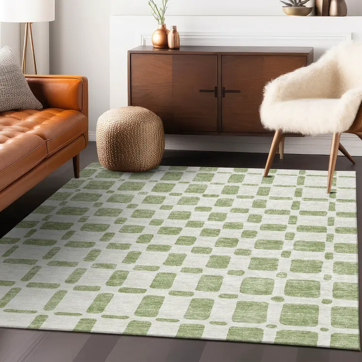 5' X 8' Artichoke Green And Ivory Geometric Washable Indoor Outdoor Area Rug