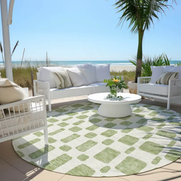 8' Artichoke Green And Ivory Round Geometric Washable Indoor Outdoor Area Rug